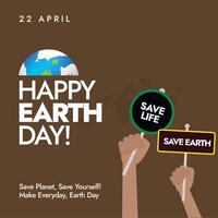 Happy Earth Day. 22nd April Happy earth day celebration banner with an earth globe and hands holding banners of save life, save earth. silhouette world map on dark brown background. Conceptual post. vector