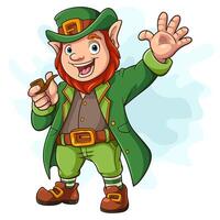 Cartoon happy leprechaun with smoking pipe vector