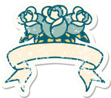 worn old sticker with banner of a bouquet of flowers png