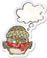 cute cartoon owl in hat with thought bubble as a distressed worn sticker png