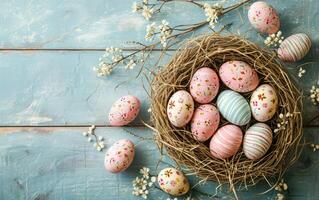 AI generated Blue lumber hosts Easter eggs nestled among straw photo