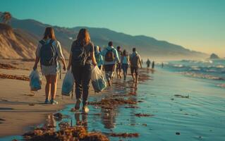 ai generado voluntarios limpieza arriba playa a puesta de sol foto