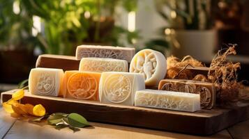 AI generated Variety of Artisanal Soaps Displayed on Wood photo