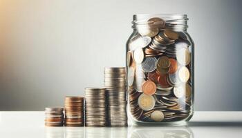 AI generated Financial Growth Coins in Jar and Stacks photo