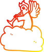 warm gradient line drawing of a cartoon angel on cloud with trumpet png