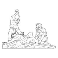 11th Station of the Cross Jesus Christ is nailed to the cross Vector Illustration Monochrome Outline