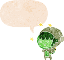 cartoon space girl with speech bubble in grunge distressed retro textured style png