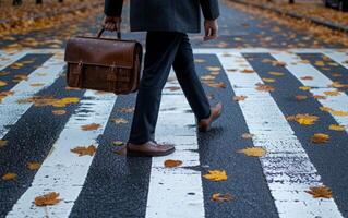 AI generated Businessman Traversing Street at Zebra Crossing with Briefcase photo