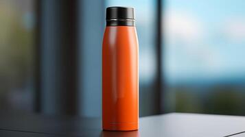 AI generated Stainless Steel Insulated Water Bottles on Table photo