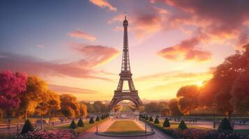 AI generated Sunset with Eiffel Tower View photo