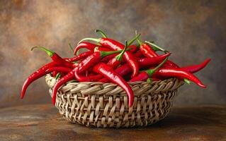 AI generated An old fashioned basket packed with vivid red chilies photo