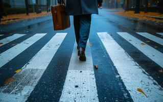 AI generated Businessman Crossing the Street at Zebra Crossing with Briefcase photo