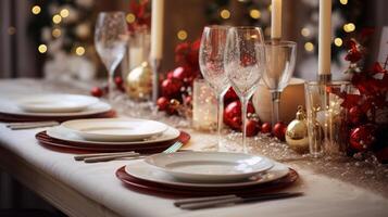 AI generated Christmas Dinner Table Setting, Winter Ambiance photo