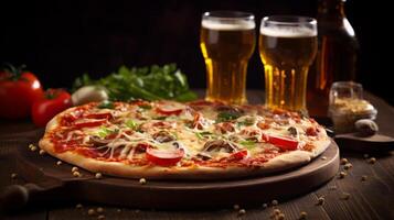 AI generated Pizza and Beer on Wooden Table photo