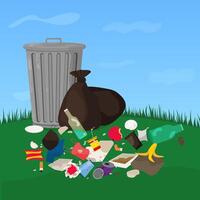 trash can and lying garbage in the park, nature pollution, waste dump vector