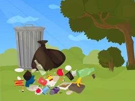 trash can and lying garbage in the park, nature pollution vector