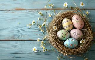 AI generated Easter eggs lie in a straw bed on blue wooden planks photo