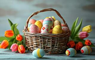 AI generated Tulips and Colorful Easter Eggs in a Wicker Basket photo