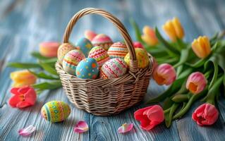 AI generated Tulips and Colorful Easter Eggs in a Wicker Basket photo