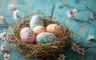AI generated Straw-cushioned Easter eggs resting on blue timber photo