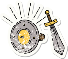 worn old sticker of a tattoo style shield and sword png