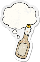 cartoon beer bottle with thought bubble as a distressed worn sticker png