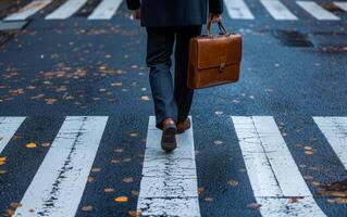 AI generated Zebra Crossing Witnessing Businessman with Briefcase Making His Way Across photo