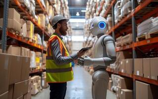 AI generated Humanoid Robot Provides Support to Warehouse Worker photo