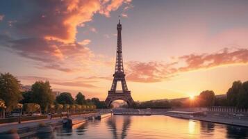 AI generated Sunset with Eiffel Tower View photo