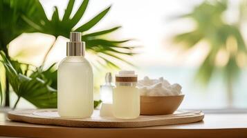 AI generated Elegant Spa Essentials Amidst Lush Green Foliage photo