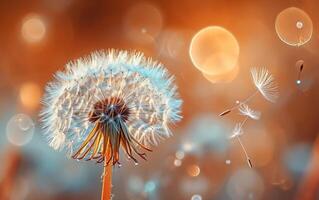 AI generated Warm Glowing Backdrop with Dandelion Seeds Blowing in Wind photo