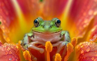 ai generado cerca rango Disparo de un verde rana mirando desde vívido naranja pétalos foto