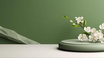 AI generated Elegant Green Podium Surrounded by Blossoming Flowers photo
