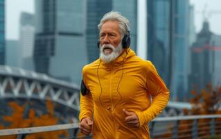 AI generated Mature Gentleman Engaged in Urban Jogging Routine with Headphones photo
