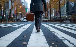 AI generated Briefcase-Toting Businessman Navigates Zebra Crossing photo