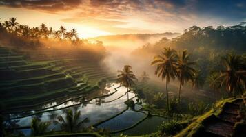 AI generated Sunrise Over Lush Jungle and Mountain River photo