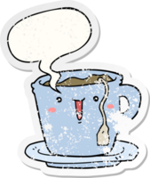 mignonne dessin animé tasse et soucoupe avec discours bulle affligé affligé vieux autocollant png