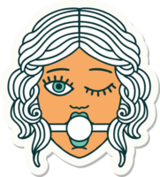 sticker of tattoo in traditional style of a winking female face wearing ball gag png