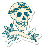 worn old sticker with banner of a skull with laurel wreath crown png