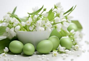 AI generated easter greeting card with green easter eggs and flowers photo