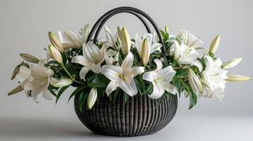 AI generated Elegant White Lilies in a Modern Metal Basket photo