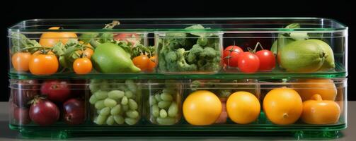 AI generated fruit and vegetables in a plastic container in a table photo