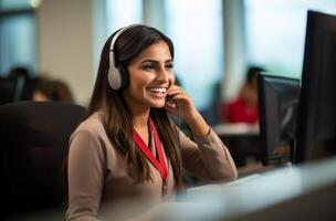 AI generated contact center worker smiling at the computer photo