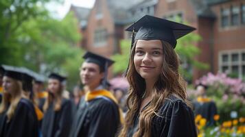 ai generado un graduación ceremonia en un Universidad patio foto