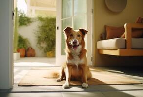 AI generated dog sits on mat at front door photo