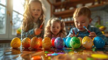 AI generated A nostalgic image of children painting Easter eggs photo