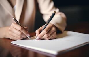 AI generated female hand writing notes at the desk with pencil photo