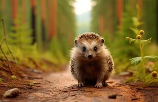 AI generated hedgehog along the road in forest photo