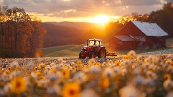 AI generated a tractor driver in a field, with the sun setting in the background photo