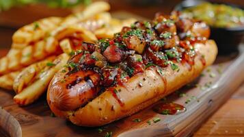 AI generated gourmet hot dog, with a juicy sausage topped with caramelized onions photo